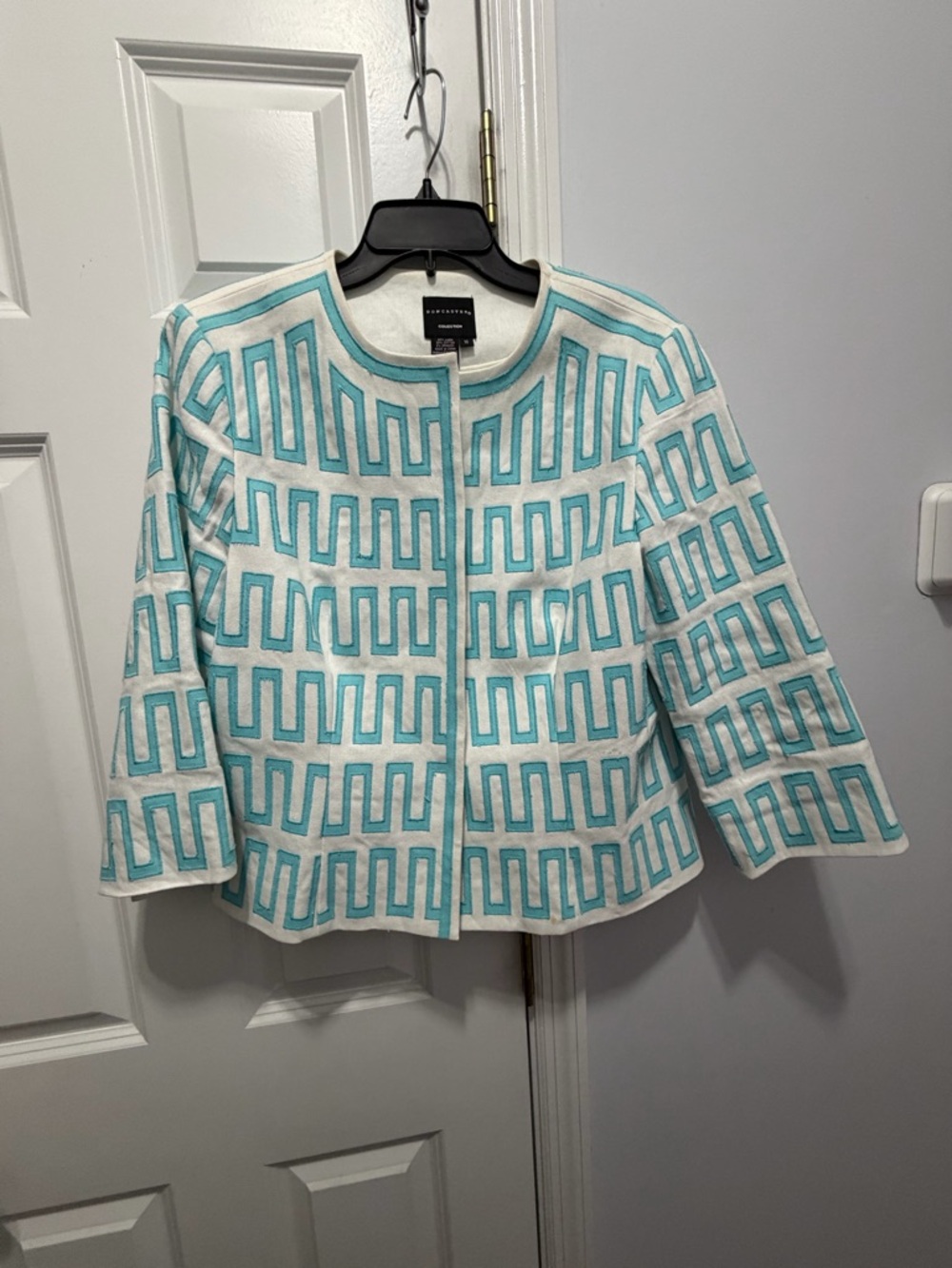 White and Teal Pattern linen cotton blend Jacket size 16 - Picture 1 of 8